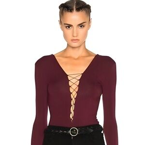 T by Alexander Wang Lace Up Stretch Celebrity Bodysuit Burgundy Top M NWT $180